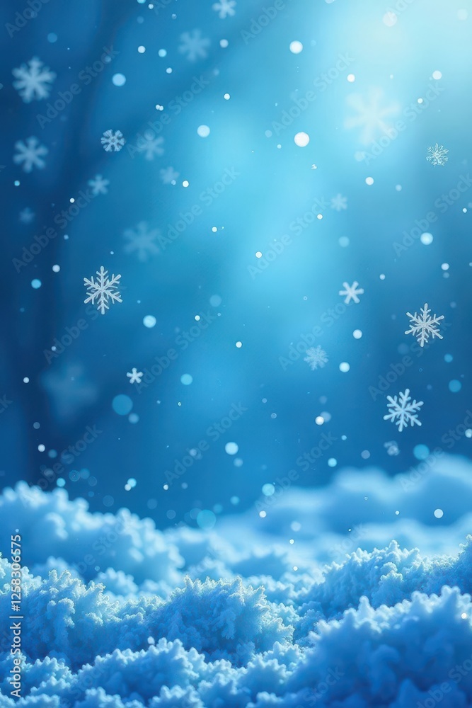 Delicate snowflakes fall gently on a frosty blue background, abstract, icy Delicate snowflakes fall gently on a frosty blue background, abstract, icy