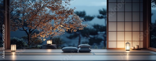 A serene, dimly lit room with cushions, lanterns, and a view of a peaceful landscape through traditional sliding doors.