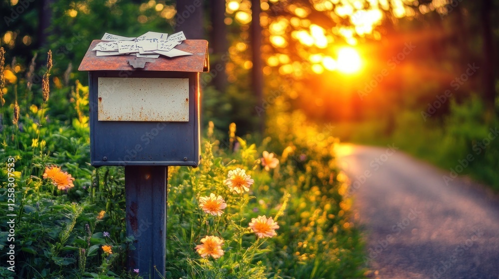 Rustic mailbox sunset rural road flowers Rustic mailbox sunset rural road flowers