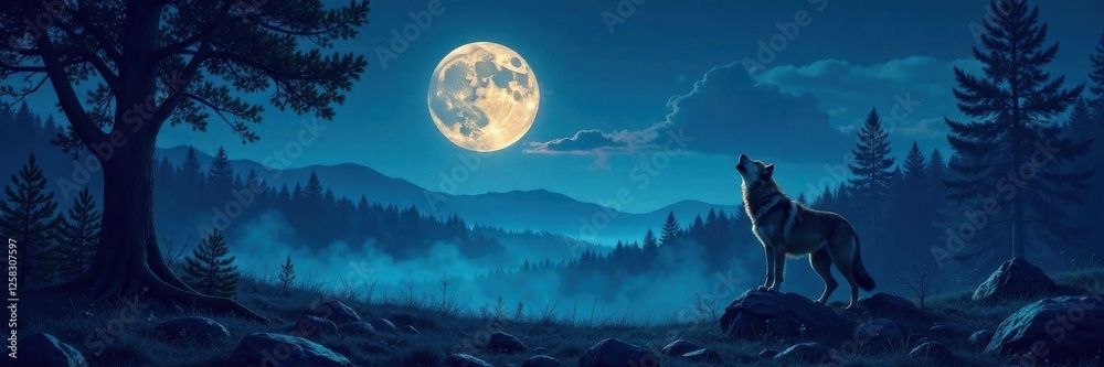 Full moon night forest landscape with a howling wolf in the distance, wild, forest, lunar Full moon night forest landscape with a howling wolf in the distance, wild, forest, lunar