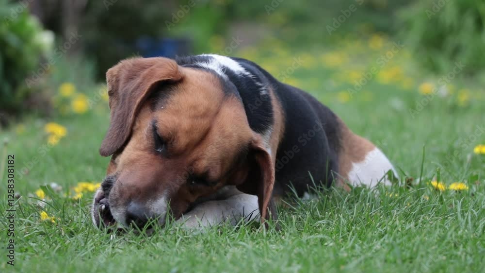 dog playful breed beagle lies on the grass and has a bone dog playful breed beagle lies on the grass and has a bone