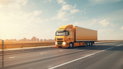 Truck with Container on Asphalt Road, Cargo Transportation