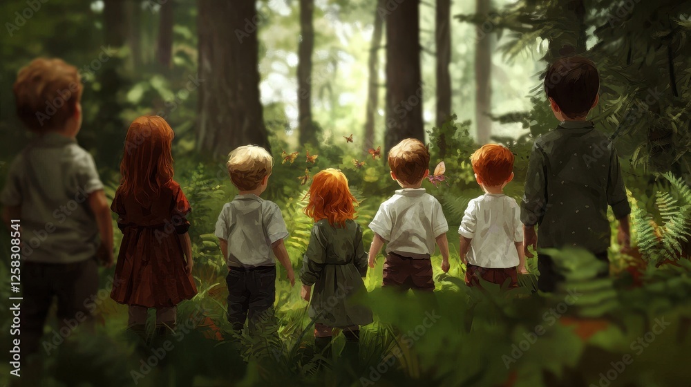 Children in a Forest Wondering About Nature's Beauty and Adventure Children in a Forest Wondering About Nature's Beauty and Adventure