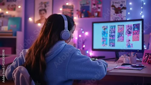 Girl with headphones uses computer in brightly lit bedroom.