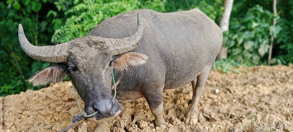 a domestic buffalo tied to the nose with a rope a domestic buffalo tied to the nose with a rope