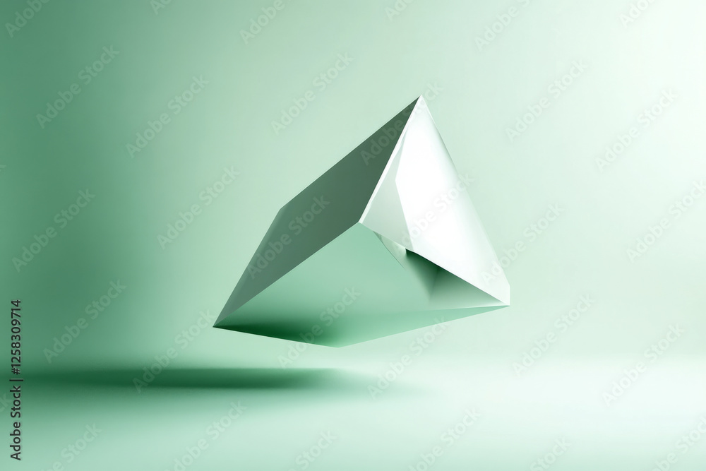 abstract triangular shape, sharp yet smooth, floating over a light green background with soft shadows. abstract triangular shape, sharp yet smooth, floating over a light green background with soft shadows.