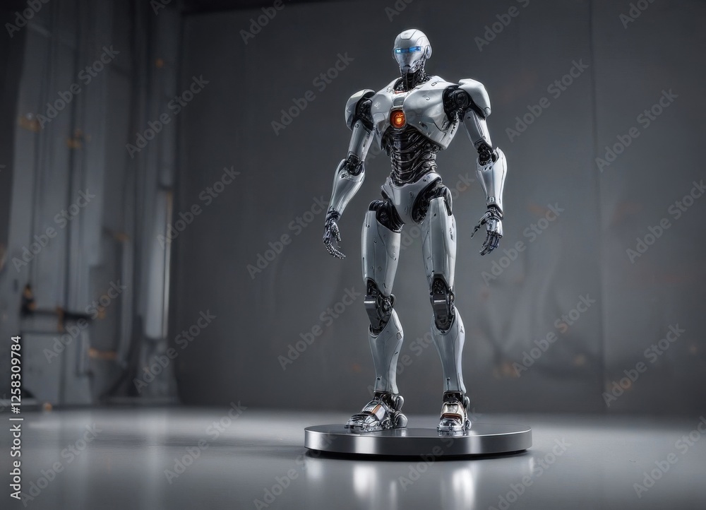 Futuristic robot stands on sleek metallic pedestal , technology, steel, high-tech Futuristic robot stands on sleek metallic pedestal , technology, steel, high-tech