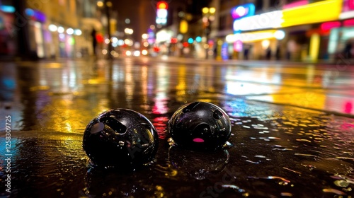 Rainy London night, two spheres reflecting city lights, wet street photo