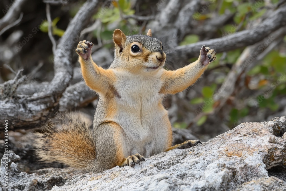 Squirrel with raised arms displays curious behavior in a natural setting during daylight hours Squirrel with raised arms displays curious behavior in a natural setting during daylight hours