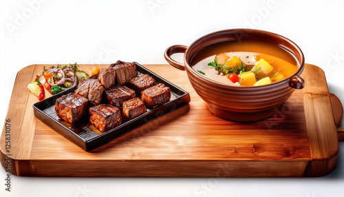 tabla preparada con taquitos de barbacoa y consome lista para comer