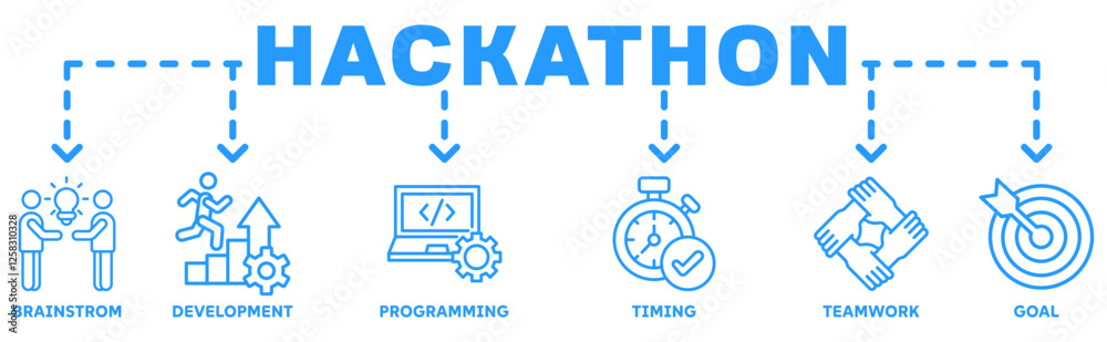 Hackathon banner web icon vector illustration concept for design sprint-like social coding event with icon of brainstorm, development, programming, timing, speed, teamwork, and goal Hackathon banner web icon vector illustration concept for design sprint-like social coding event with icon of brainstorm, development, programming, timing, speed, teamwork, and goal