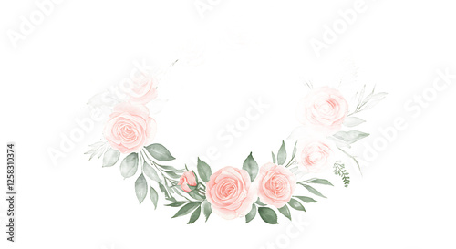 Top View 4K High Resolution Delicate Pink Rose Floral Wreath Watercolor Style
