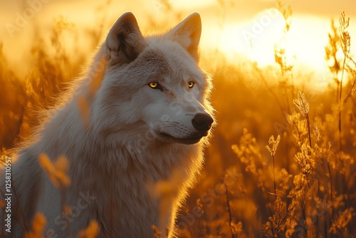 Majestic white wolf stands in golden grassfield during sunset with tranquil background
