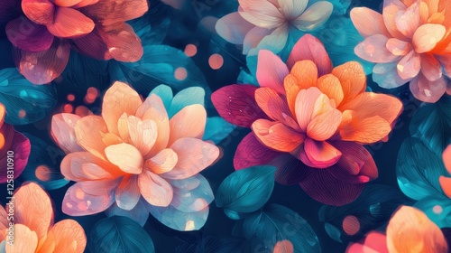 Vibrant Floral Design with Colorful Blossoms and Leaves Background