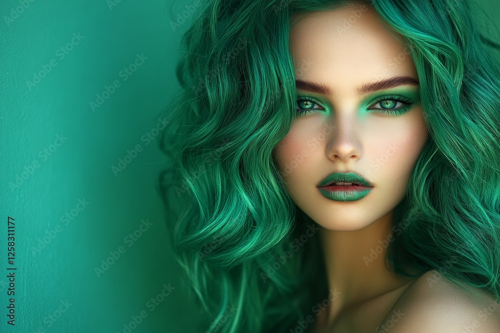 Fototapeta premium Stunning model showcases vibrant green hair and makeup in a striking portrait