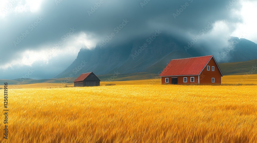 Scenic view of golden wheat fields with two houses under dramatic clouds and mountains in background Scenic view of golden wheat fields with two houses under dramatic clouds and mountains in background