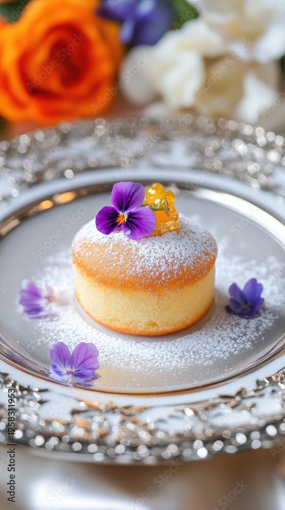 Miniature yuzu souffl adorned with edible flowers and sak foam creates a sensory masterpiece on a silver-rimmed plate Miniature yuzu souffl adorned with edible flowers and sak foam creates a sensory masterpiece on a silver-rimmed plate