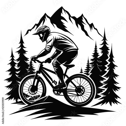 A mountain biker descends a steep, rocky trail surrounded by lush green forest, showcasing thrilling downhill action and skillful maneuvering.
