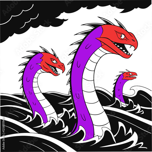 A terrifying multi-headed serpent monster, scales gleaming, slithers across a desolate, cracked earth.  Focus on intricate detail and dramatic lighting.