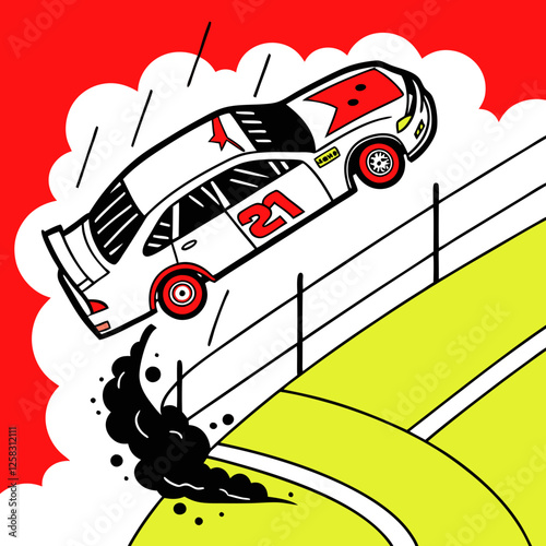 A wrecked NASCAR stock car airborne after a violent crash,  dust and debris flying, showcasing the intense impact.