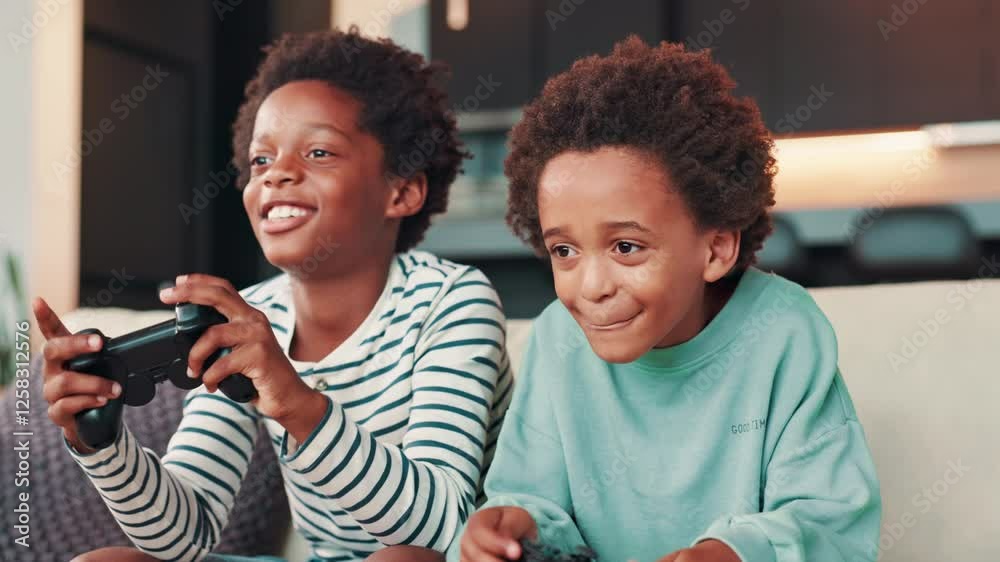 Gaming, video games and children on sofa in home for entertainment, online fun and esports. African family, siblings and kids with controller for virtual media, playing and bonding in living room