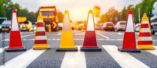 Road cones on crosswalk, traffic jam backdrop, urban sunset