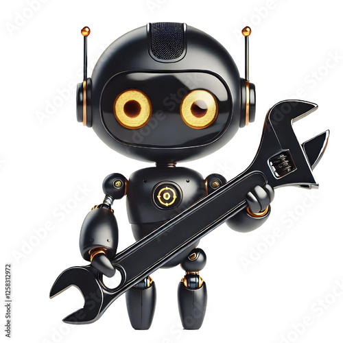 Cute 3D black robot with golden eyes holding adjustable wrench in side view isolated on white background