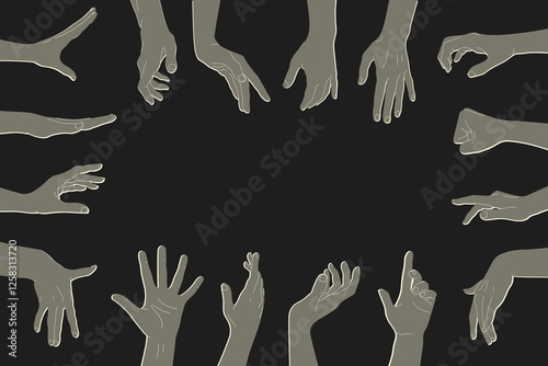 Human hands silhouettes with different gestures around the background with empty space for text. Human hands gestures. Vector
