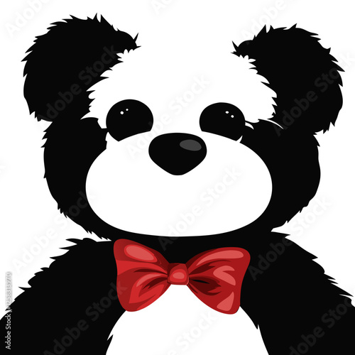 A charming close-up shot of a teddy bear adorably wearing a tiny, neatly tied bow tie.