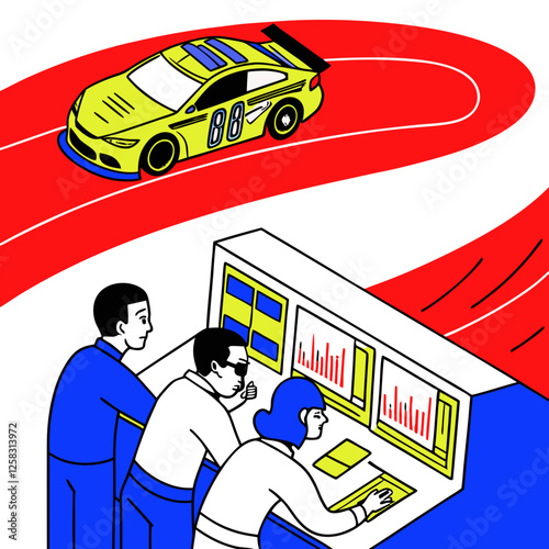 A focused team of engineers intensely analyzes NASCAR race car telemetry data on multiple monitors, showcasing complex algorithms and performance metrics.