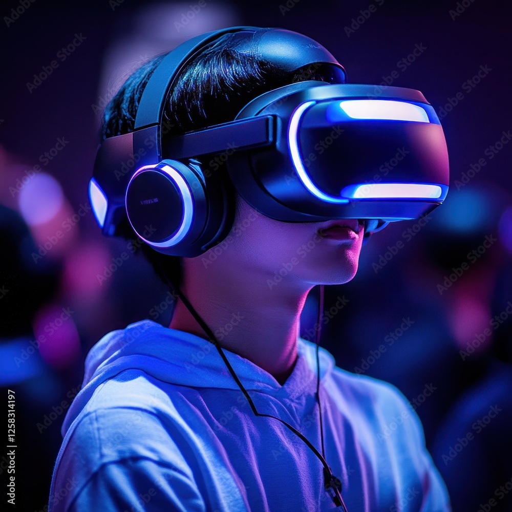 Immersive VR headset user at tech expo, neon lights Immersive VR headset user at tech expo, neon lights