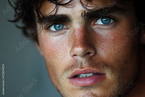 Close up of a young man with striking blue eyes and curly dark hair in a neutral setting, conveying intense emotions