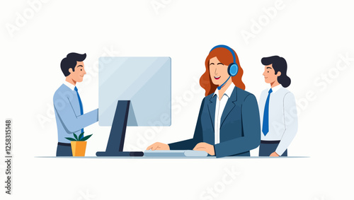 Vector illustration of customer service and call center environment, employees providing fast and effective solutions to customer requests. Call center operators provide customer service via phones.