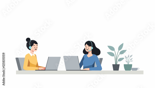 Vector illustration of customer service and call center environment, employees providing fast and effective solutions to customer requests. Call center operators provide customer service via phones.