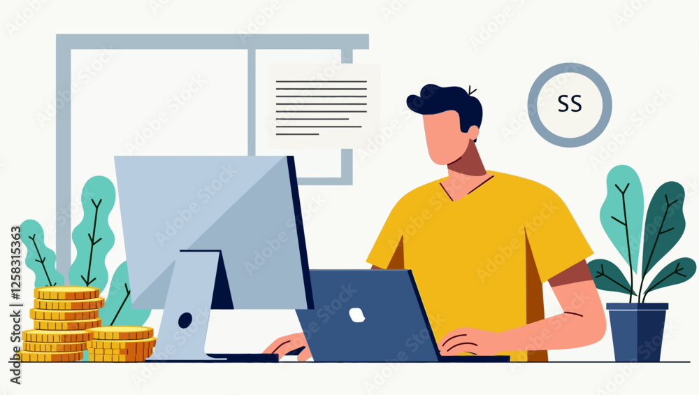 A man works online with his computer and earns money with virtual money. The process of making money online illustrated by vector illustration. A man works online with his computer and earns money with virtual money. The process of making money online illustrated by vector illustration.