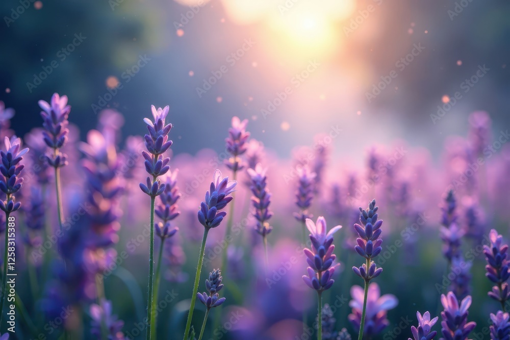 Naklejka premium Soft lavender mist amidst delicate light dance, mystical atmosphere, gentle haze, subtle particles