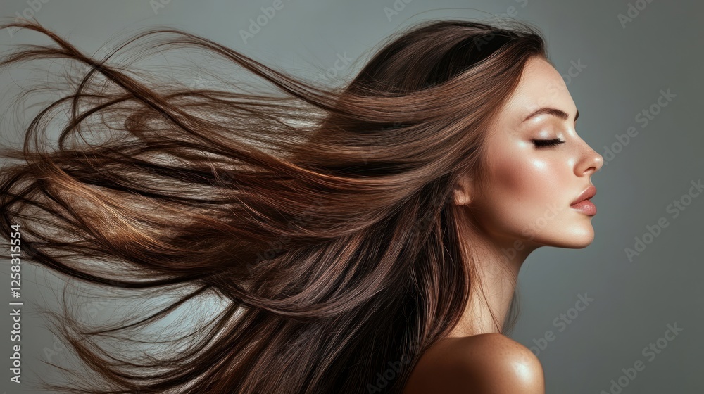 A graceful profile of a woman with flowing hair, capturing motion and elegance. The soft lighting highlights her features, creating a serene atmosphere. A graceful profile of a woman with flowing hair, capturing motion and elegance. The soft lighting highlights her features, creating a serene atmosphere.