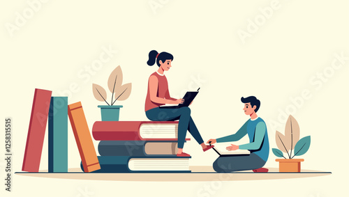 Students study by reading giant books or sitting on or next to stacks of books. Interest in education and knowledge shown by vector illustration.