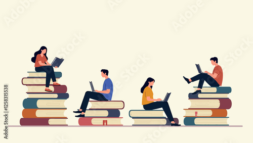 Students study by reading giant books or sitting on or next to stacks of books. Interest in education and knowledge shown by vector illustration.