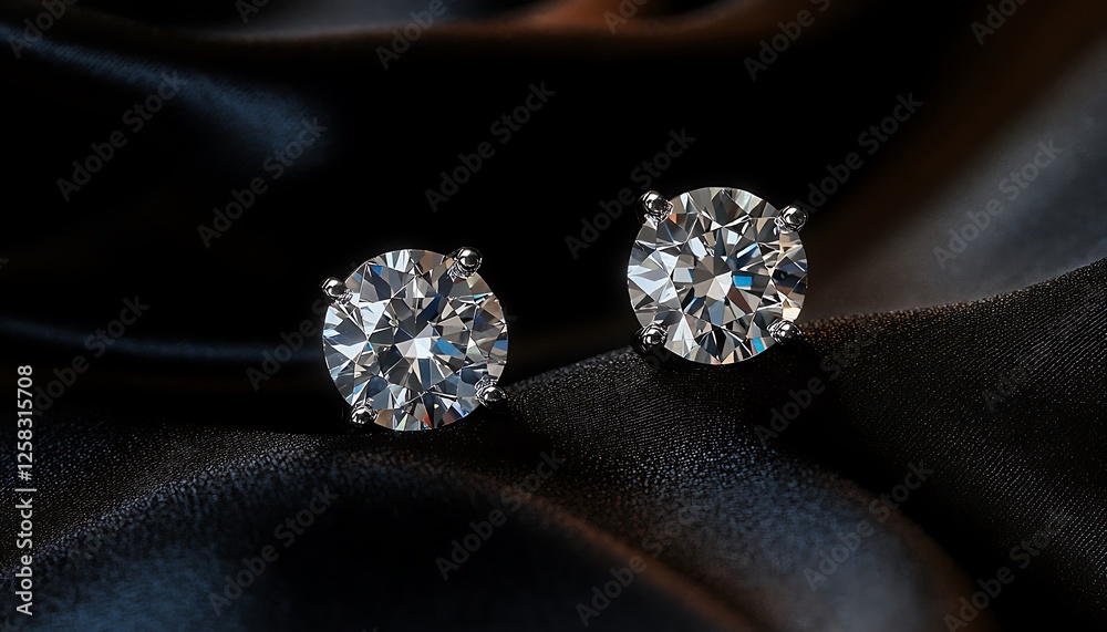 Elegant Diamond Stud Earrings on Black Silk Cloth Shimmering Reflections Elegant Diamond Stud Earrings on Black Silk Cloth Shimmering Reflections