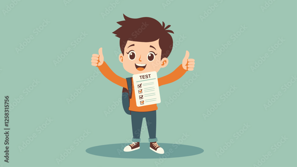 Smiling child student character standing showing test exam results and making positive sign with thumbs up. Vector illustration symbol of success and motivation. Smiling child student character standing showing test exam results and making positive sign with thumbs up. Vector illustration symbol of success and motivation.