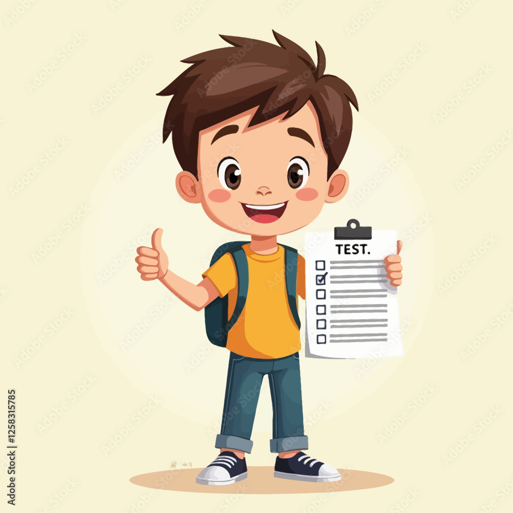 Smiling child student character standing showing test exam results and making positive sign with thumbs up. Vector illustration symbol of success and motivation. Smiling child student character standing showing test exam results and making positive sign with thumbs up. Vector illustration symbol of success and motivation.