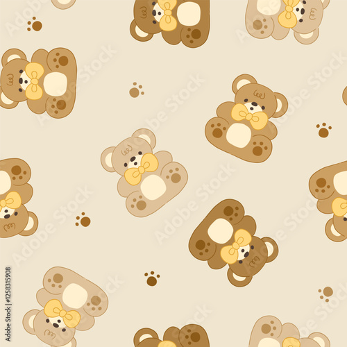 Cute teddy bears texture seamless pattern backgroud, baby animals beige and brown bears in a yellow bow tie and paws.