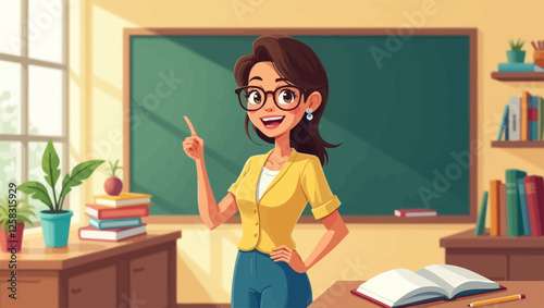 The teacher is giving a lesson in front of the classroom blackboard. Vector illustration of teacher giving information to students in educational environment.