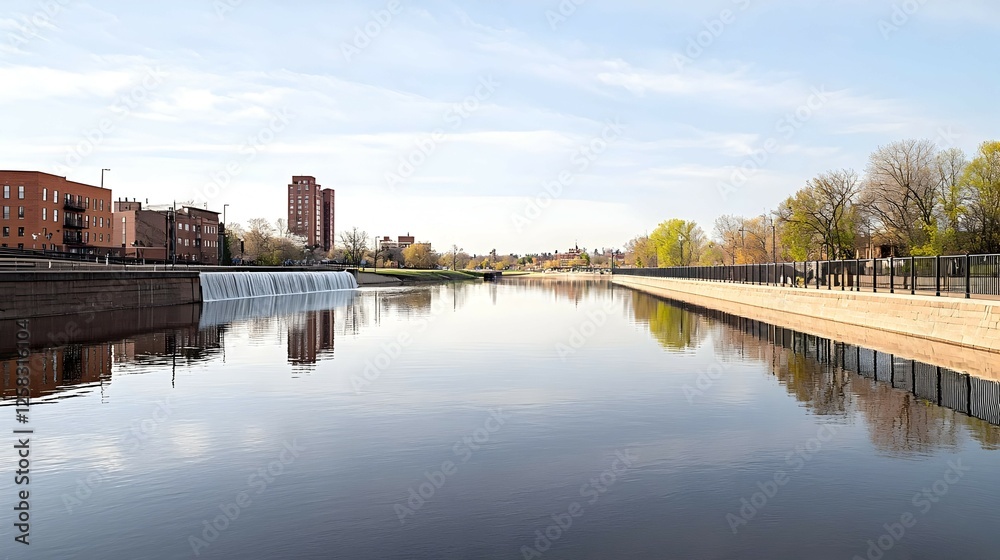 Fototapeta premium Urban River Scene With Reflections