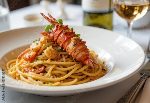 A plate of spaghetti with lobster and cheese on top, served with a glass of white wine in a fancy restaurant setting