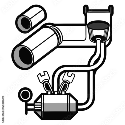 Create a vector diagram illustrating an engine's exhaust system, showcasing its components and flow.