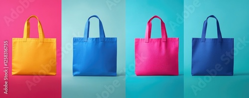 4 blank tote bags, one yellow, blue, pink, and red, on a colorful background,