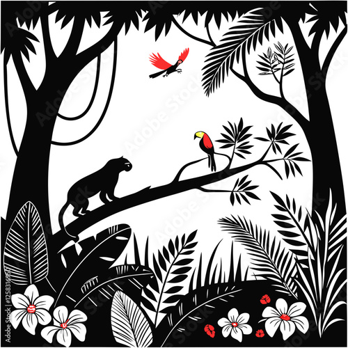 Lush vibrant tropical jungle teeming with exotic parrots, monkeys, and vibrant flora. Sunlight dapples the dense foliage.