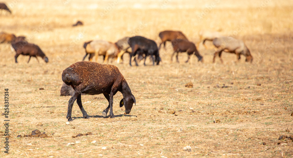 Rams and lambs graze in a meadow. Cattle grazing. A flock of rams walks across an autumn field in search of grass. sheep Rams and lambs graze in a meadow. Cattle grazing. A flock of rams walks across an autumn field in search of grass. sheep